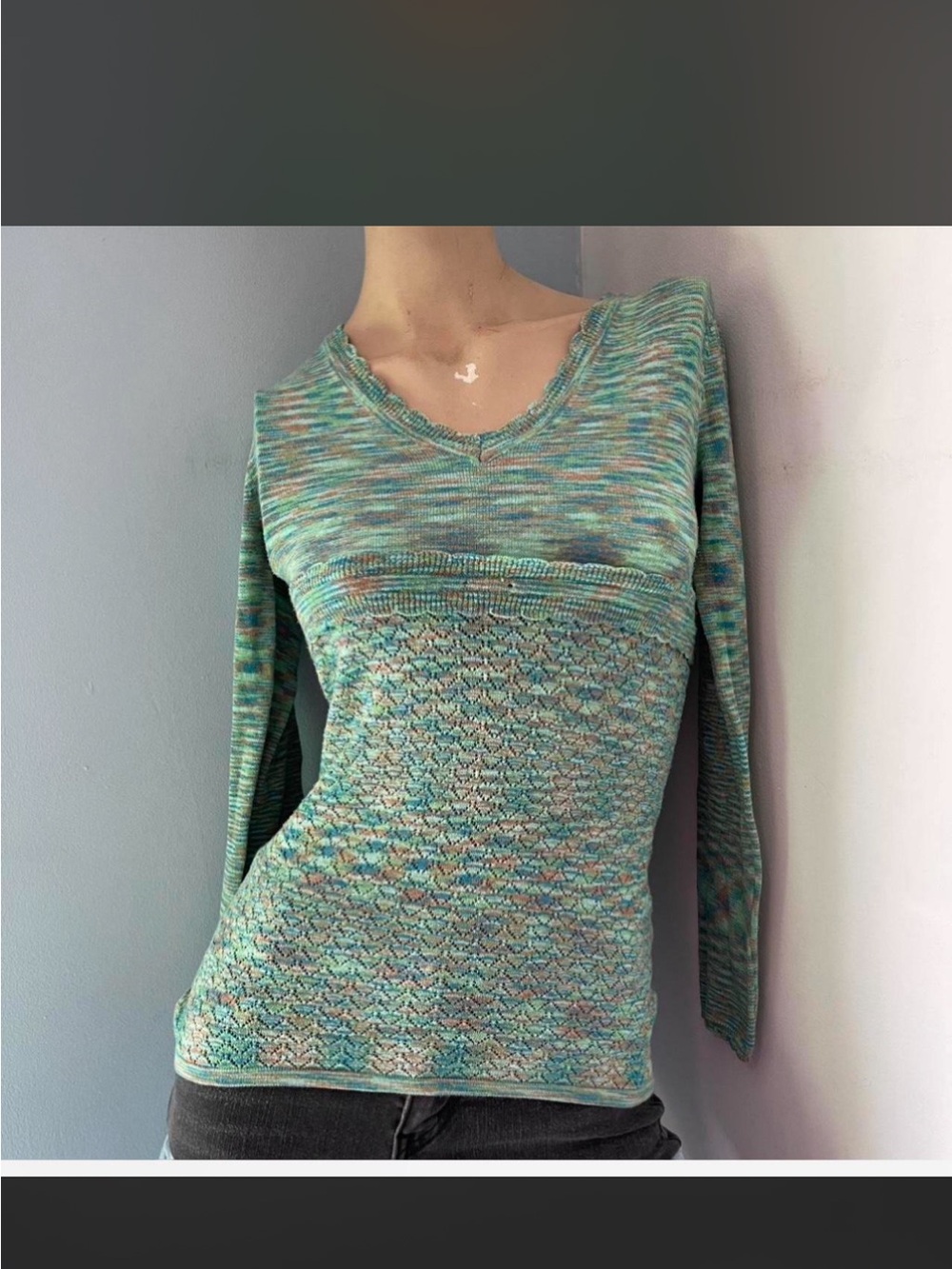 Textured Multicolor Knit V-Neck Sweater - Aqua Mix